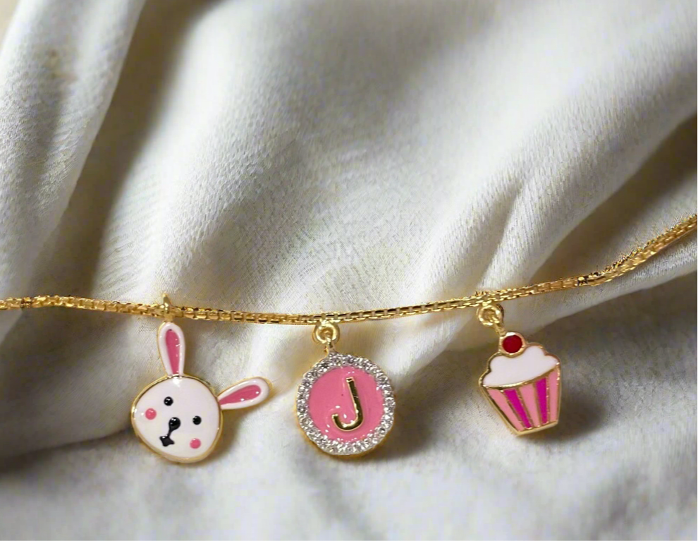 3 Motif Gold Bracelet, bunny and cupcake, for babies and kids — BIS Hallmarked gold, by Rajasi Jindal