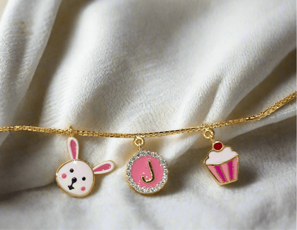 3 Motif Gold Bracelet, bunny and cupcake, for babies and kids — BIS Hallmarked gold, by Rajasi Jindal