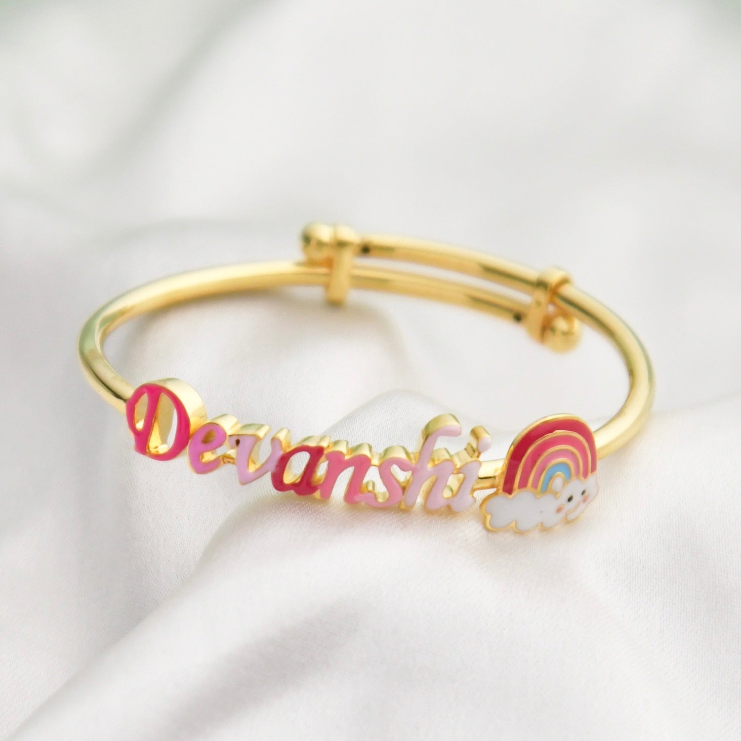 Pink Custom Name Rainbow Adjustable Bangle for babies and kids — BIS Hallmarked, by Rajasi Jindal