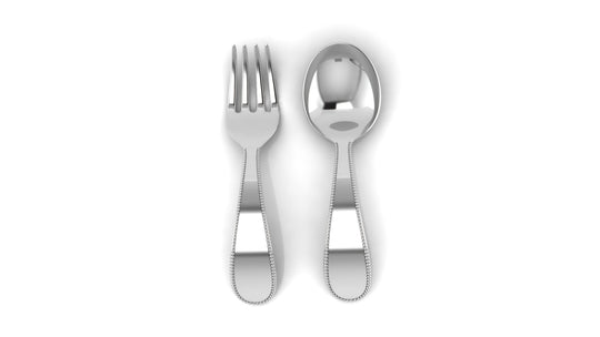 Sterling Silver Baby Spoon & Fork Set - Classic Beaded