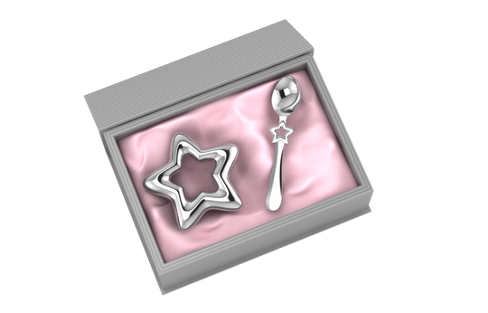 Silver Plated Gift Set for Baby - Hamper with Star Rattle and Spoon