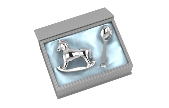 Silver Plated Gift Set for Baby - Hamper with Horse Rattle and Spoon