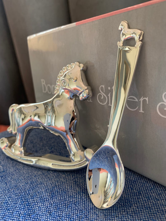 Silver Plated Gift Set for Baby - Hamper with Horse Rattle and Spoon