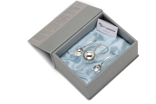 Silver Gift Set for Baby - Hamper with Ball Rattle and 123 Spoons set