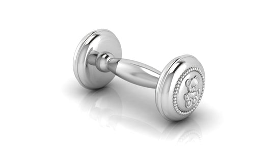 Silver Plated Teddy Embossed Beaded Dumbbell Rattle