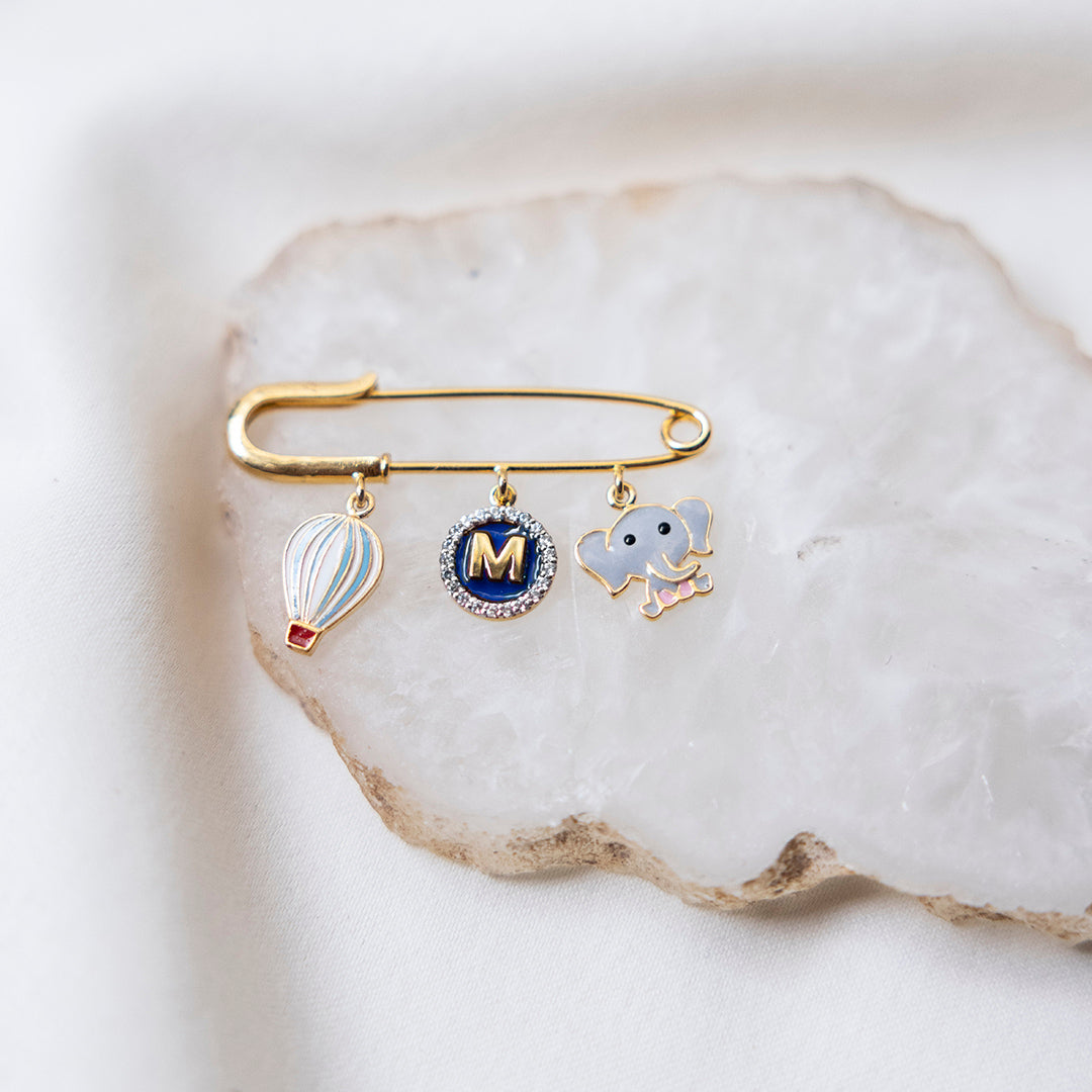 Fly High Blue Lapel Pin, hot air balloon and elephant, for kids — by Rajasi Jindal