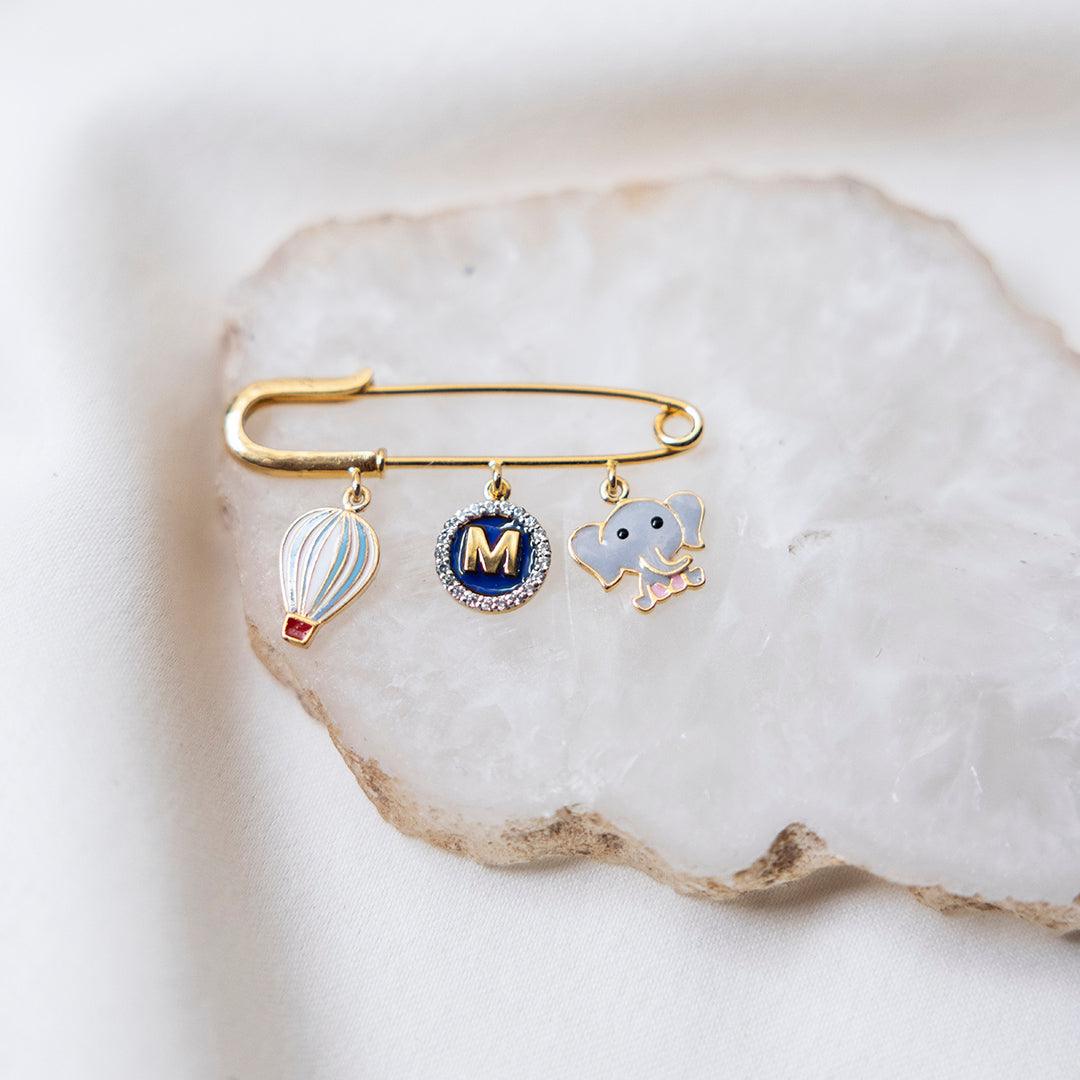 Fly High Blue Lapel Pin, hot air balloon and elephant, for kids — by Rajasi Jindal