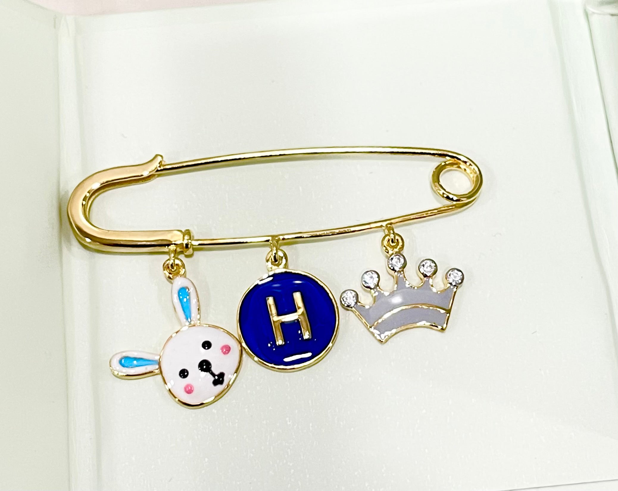 Little Bunny Lapel Pin, bunny initial and crown, for kids — by Rajasi Jindal