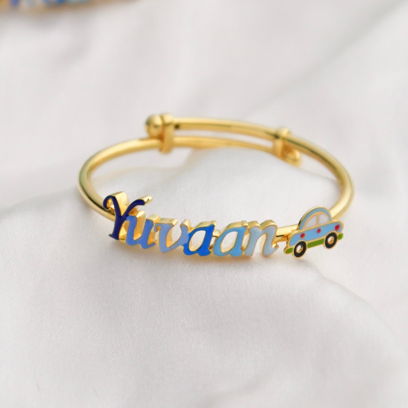 Blue Custom Name Car Adjustable Bangle for babies and kids — BIS Hallmarked, by Rajasi Jindal