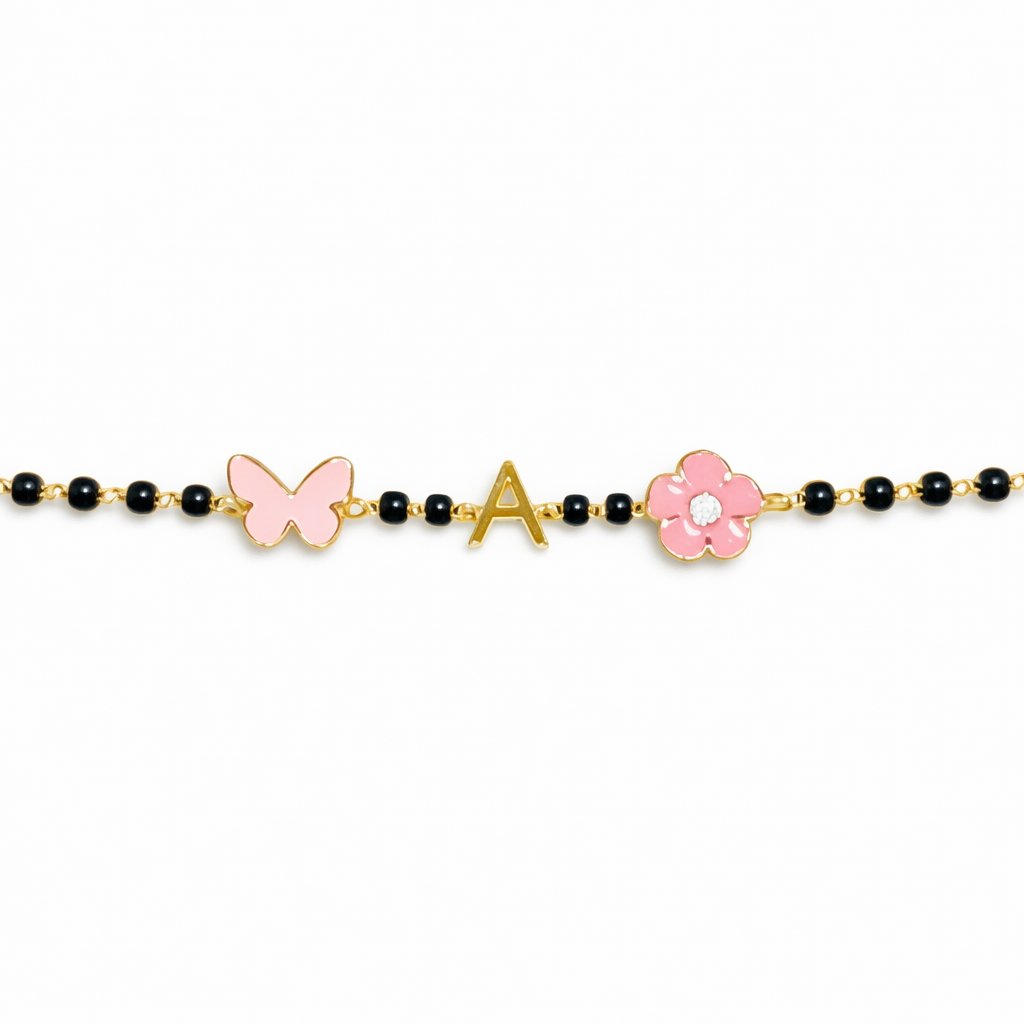 Pink Flower Butterfly Initial Gold Nazariya for babies — BIS Hallmarked gold evil eye, by Rajasi Jindal