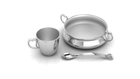 Silver Dinner Set for Baby and Child - Hearts Feeding Set
