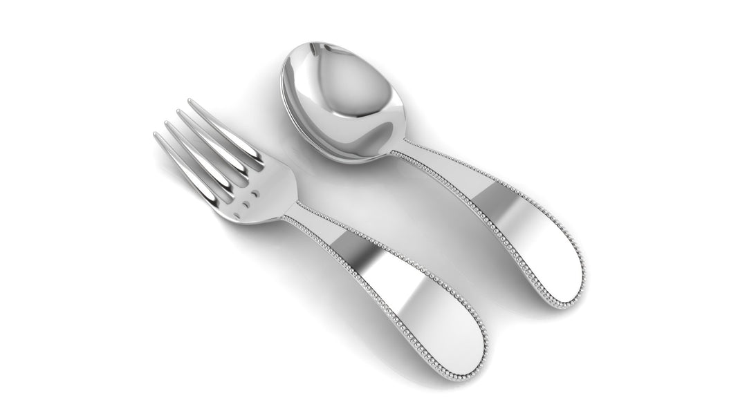 Sterling Silver Baby Spoon & Fork Set - Classic Beaded
