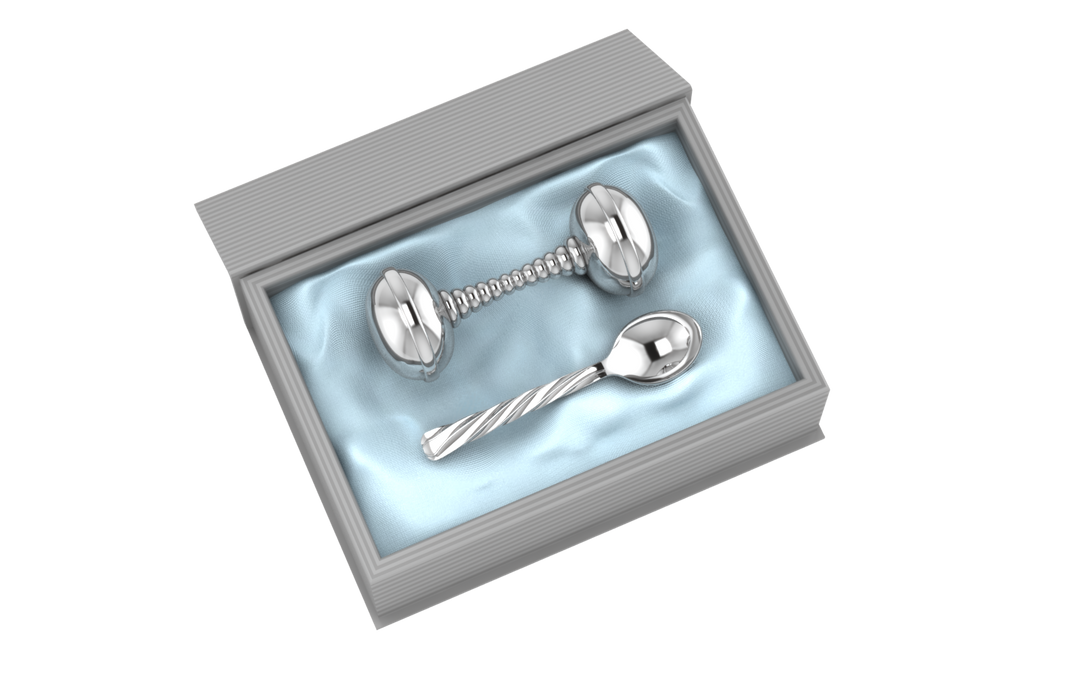 Silver Plated Gift Set for Baby - Hamper with Twisted Dumbbell Rattle and Spoon