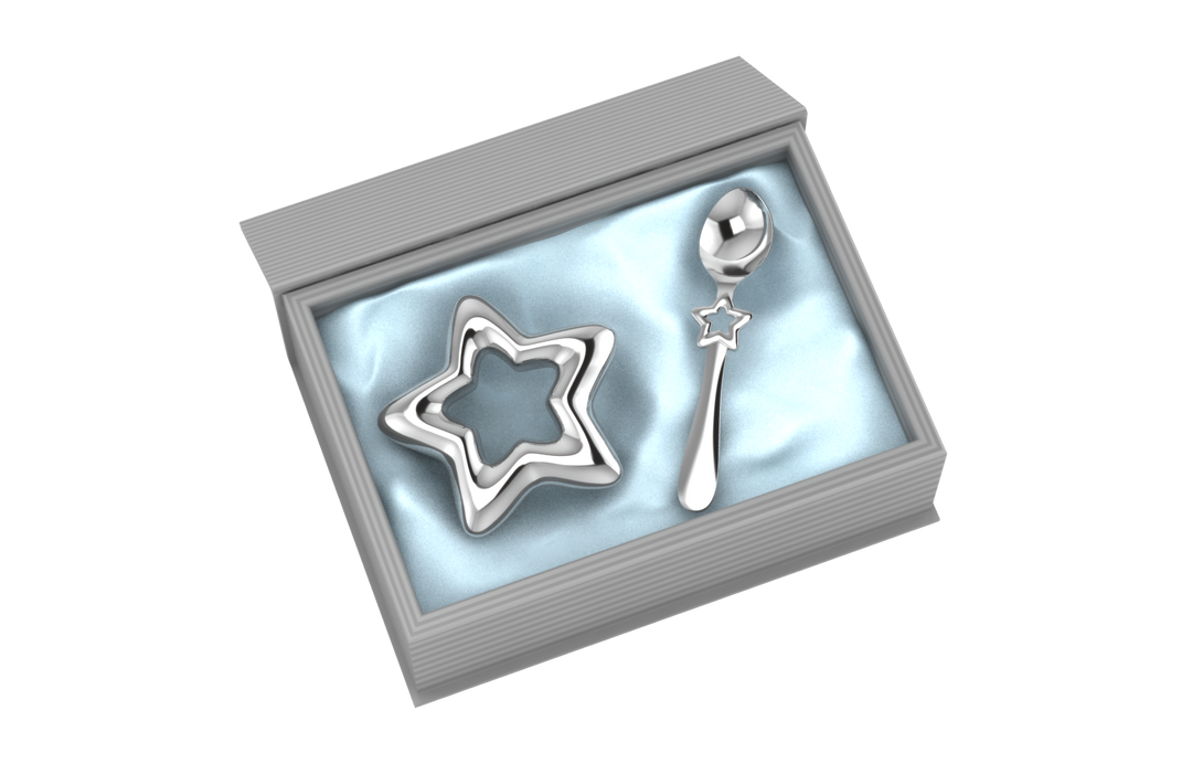 Silver Plated Gift Set for Baby - Hamper with Star Rattle and Spoon