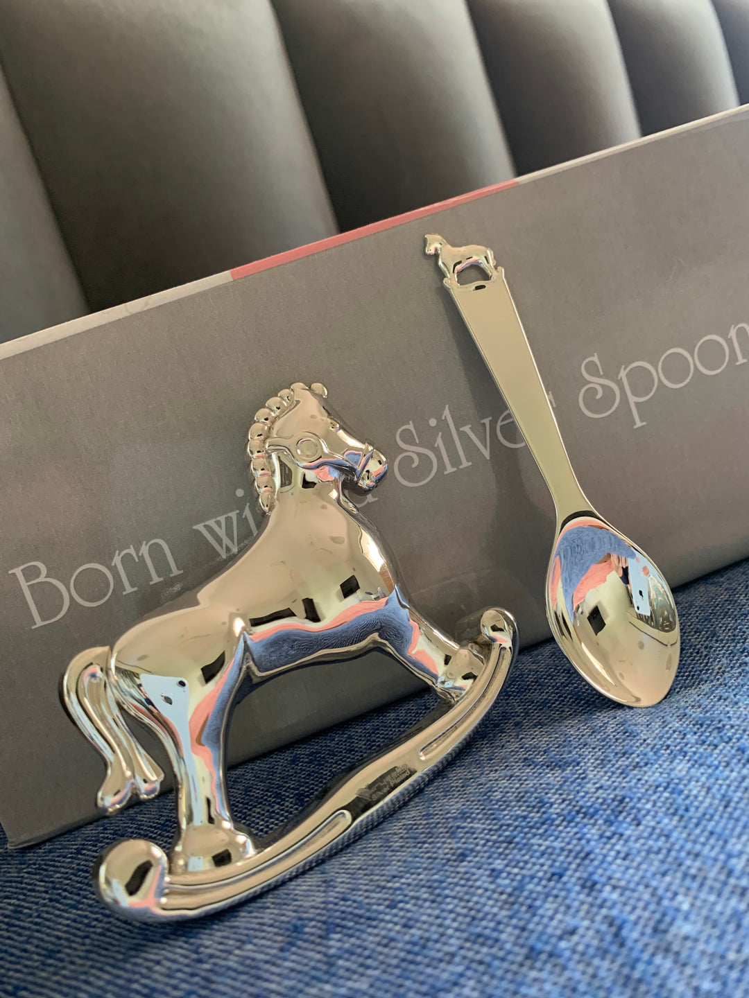 Silver Plated Gift Set for Baby - Hamper with Horse Rattle and Spoon