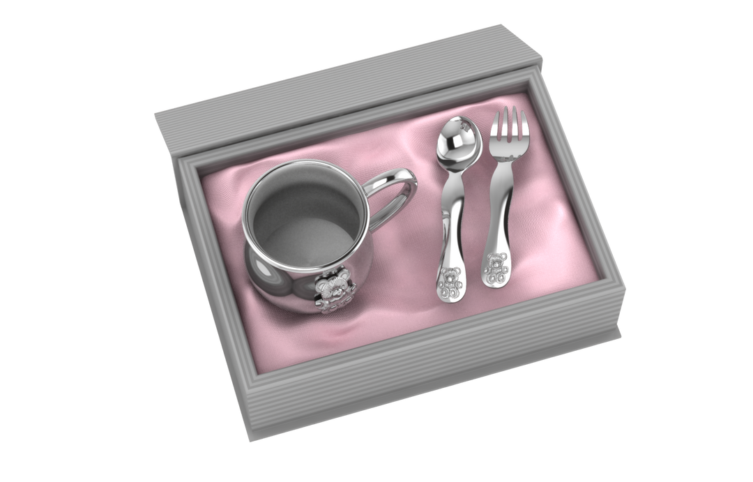 Silver Plated Gift Set for Baby - Hamper with Teddy Cup and Spoon Fork Set