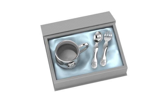 Silver Plated Gift Set for Baby - Hamper with Teddy Cup and Spoon Fork Set