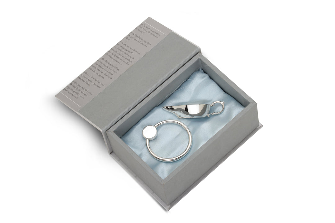 Silver Gift Set for Baby - Hamper with Flat Baby Milk/ Medicine Feeder with Victorian Handle and Flat Ring Teether/Rattle