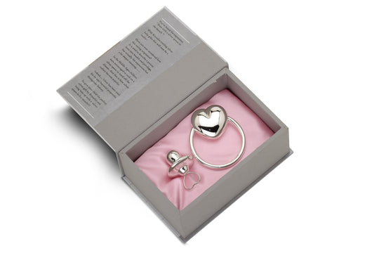 Silver Gift Set for Baby - Hamper with Heart Ring Rattle and Heart pacifier