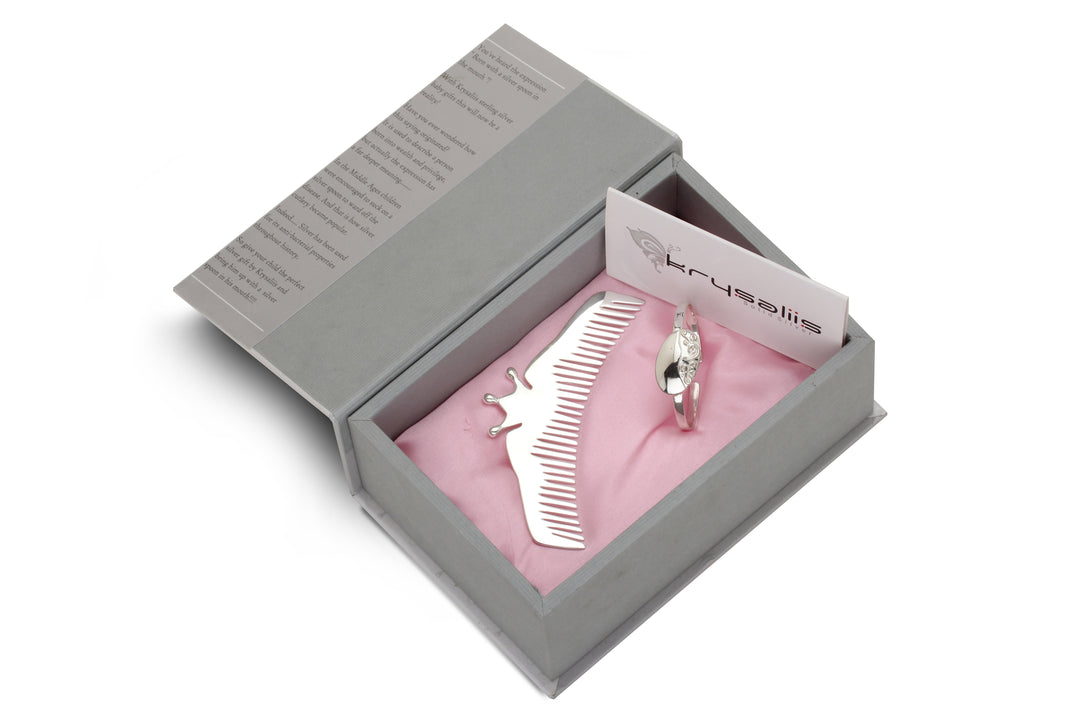 Silver Gift Set for Baby and Child - Hamper with Floral ID Cuff Bracelet and Majestic Comb