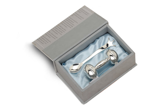 Silver Gift Set for Baby - Hamper with Classic Dumbbell Rattle & Majestic Feeding Spoon