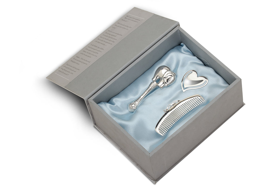 Silver Gift Set for Baby - Hamper with Elephant Stick Rattle, ABC Comb & Heart Bookmark
