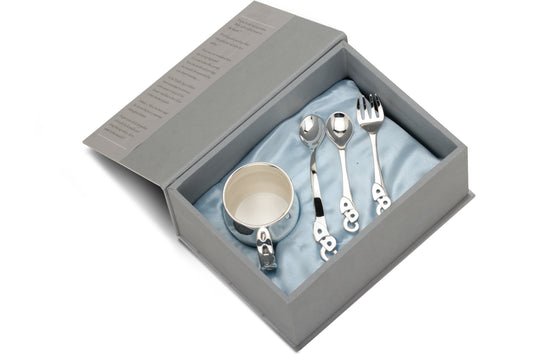 Silver Feeding Gift Set for Baby and Child - Hamper with ABC Cup and ABC Feeding Spoon, ABC Spoon and Fork set)