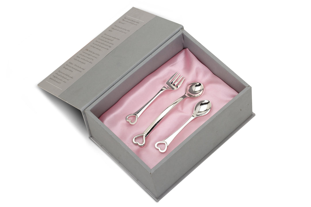 Silver Feeding Gift Set for Baby and Child - Hamper with Heart Spoons Set of 3